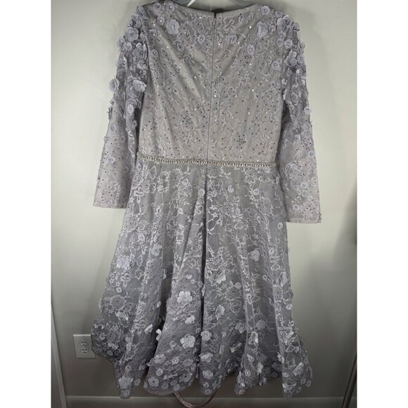 Mac Duggal Floral Sterling Silver Lace A-Line Tea Length Cocktail Dress Size 14 - Picture 8 of 8
